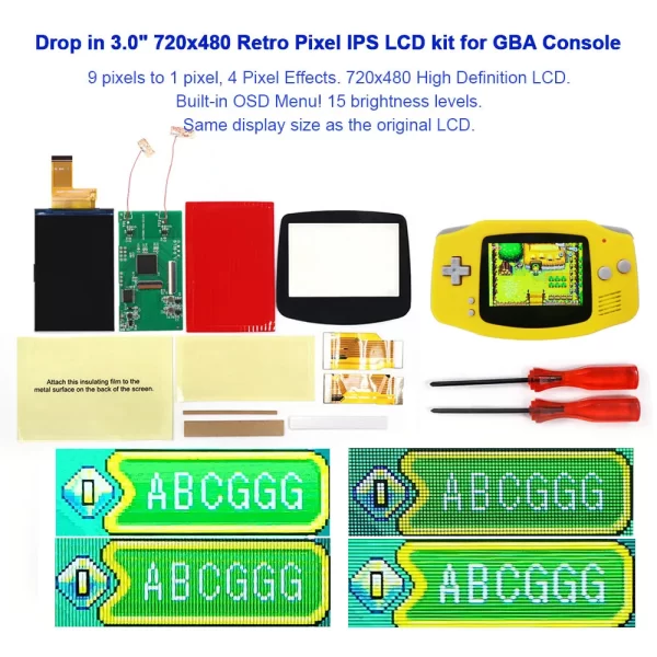 Gameboy Advance 720*480 Drop in IPS LCD Mod Kit Replacement, GBA 3.0" 720*480 Drop in Screen Display with 15 Brightness / Retro Pixel Effect / 9-to-1 / OSD Menu / Add Desaturation + Customzied Housing Case + Tools Full Set - Image 3