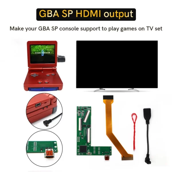 GBA SP HDMI Adapter Internal TV Converter PCB Board Mod Kit, for Nintendo Gameboy Advance SP Modded with V2 V3 IPS LCD Backlight Screen, Support 2 Consoles Play Games on TV, Micro-HDMI AV Video Output + Ribbon sable + Tools