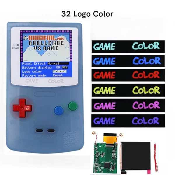 GameBoy Color Screen Replacement IPS acklight LCD Mod Kit Large Display Area Retro Pixel OSD Menu with Pre-Cut Housing Case Shells Set, GBC LOGO Changeable Customized Glass Screen Lens + Repair Tool Accessories
