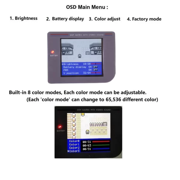 GBO GB DMG Original Screen Modded Replacement IPS Backlight LCD Mod Kit + Pre-Cut Shell Housing Case, for Nintendo Gameboy Classic Console, Retro Pixel Full Size Screen w/ OSD Menu FRM 20 lvs High Brightness	 Display - Image 5