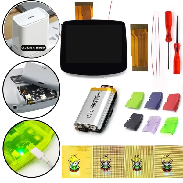 Best GBA V5 IPS Laminated Screen + 1800mAh Li-ion Battery + Pre-Cut Housing Shell Full Set, Gameboy Advance Drop in Retro Pixel Backlight LCD Display / Glass Screen Lens / USB-C Rechargeable Charging Mod Kit + Repair Tool