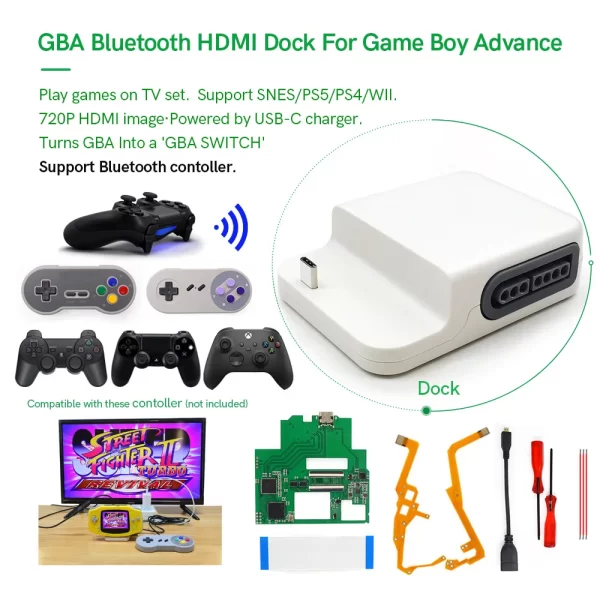 GameBoy Advance HDMI Bluetooth Converter Docking Station, GBA Switch V2 IPS Screen Playing Games on TV 720P Dock, Supports Wireless Controllers PS3 PS4 PS5 Xbox One S Series XS Wii U Nintendo Switch Pro Joy-Con SNES NES Mini