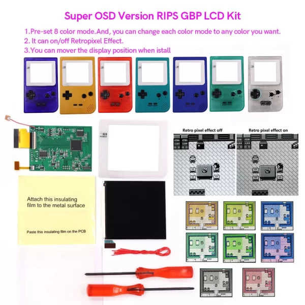 Gameboy Pocket GBP IPS LCD Mod Kit Larger Screen with Backlight, 8 Color Retro Pixel Mod High Brightness Display + Pre-cut Housing Case Shell Set, 178 Degree View Angle OSD Menu Glass Screen Lens with Repair Tool