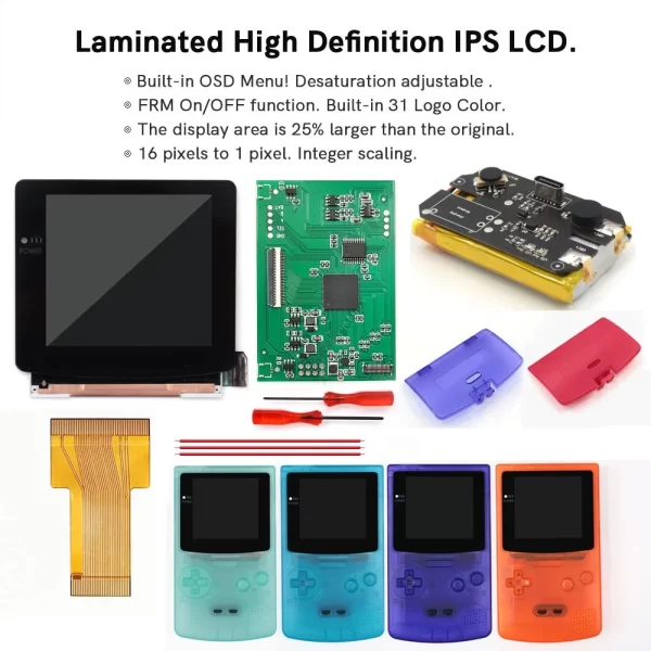 GameBoy Color GBC Laminated IPS LCD Screen Kit Q5 3.1'' Desaturation Large Display + Pre-cut Housing Shells Full Set + USB-C Mod Rechargeable Battery, Single Glass Screen Lens Retro Pixel Mode OSD Menu + Screwdrivers