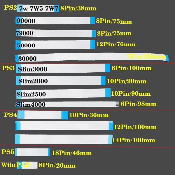 New PS2 PS3 PS4 PS5 Controllers Power Switch Ribbon Flexible Cable, for Sony PlayStation 5 4 3 2 PS2 PS3 Slim Pro Wii U GamePad Controllers, 6 7 8 10 12 14 18 Pins FPC Connector Reset Connecting Flat Flex Cables Accessories