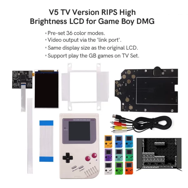 Gameboy Classic GB DMG V5 IPS Backlight LCD Screen Mod Kit + Pre-Cut Housing Case + TV AV Video Out Cable, Play Games on TV 4 Pixels in 1 High-Definition Full Size RIPS Display OSD Menu adjustable Brightness
