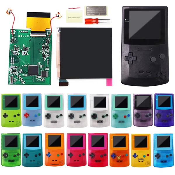 GameBoy Color GBC IPS LCD Backlight Screen Mod Kit with Custom Housing Case Shell Full Set Replacement, Large Display with Backlit Retro Pixel OSD Menu 178 Degree View Glass Screen Lens Cover Accessories