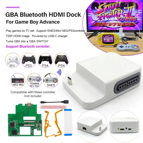 GameBoy Advance HDMI Bluetooth Dock, V2 IPS Screen 32 / 40 Pins GBA Playing on TV, GBA Switch High-Definition HDMI Adapter Base Station Kit, Support NES SNES PS5 PS4 Xbox One Series Wireless Controllers Accessories