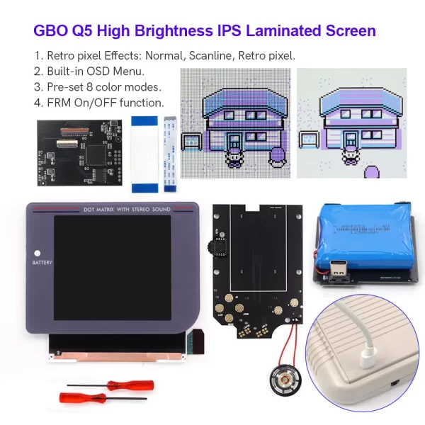 New 2024 GameBoy GB DMG-01 IPS LCD Kit 3.1" Laminated Screen + Housing Case + USB-C Rechargeable Battery, OSD Menu FRM Function ON/Off + Pre-Cut Shell & Speaker Replacement Parts Accessories