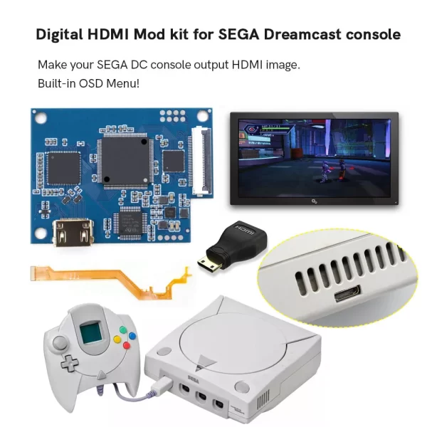 Sega Dreamcast DC Internal Digital HDMI MOD Kit Replacement, 1080P HDTV AV HDMI Output Module Adapter for Dreamcast VA0 VA1 Motherboard, OSD Menu High Brightness, PCB Board + Mini HDMI Adapter + Flex Cable Accessories