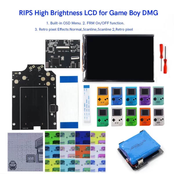 New GameBoy Classic DMG-01 V5 IPS LCD Mod Backlight Screen Kit Full Size RIPS OSD Menu Display with Pre-cut Housing Case Shell + USB-C Rechargeable Lithium Battery Full Replacement Parts Accessories