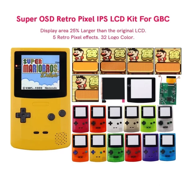 Brand New GBC IPS LCD Kit Super OSD RETRO PIXEL 25% Larger SCREEN with Backlight High Brightness Retro Pixel Touch Sensor w/ 32 Logo Colors for Gameboy Color Game Console, Customised Housing Case + Glass Screen Lens Accessories