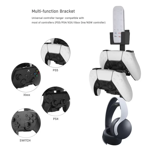 Xbox One PS5 PS4 Wall Mount Controller Headset Holder Storage Stand, for PlayStation 5 4 3 Xbox Series X/S Nintendo Switch Wireless Controllers / Remote / Headphone, Multi-purpose Hanger Bracket - Image 3